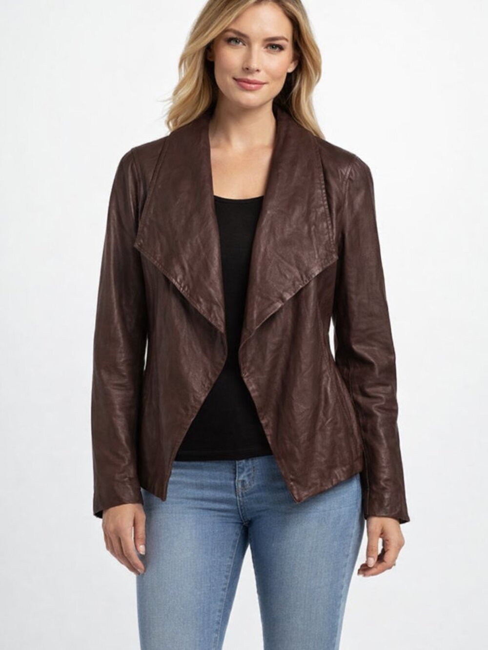 Eileen Fisher Sample Waterfall Collar Brown Leather Jacket Sz XS